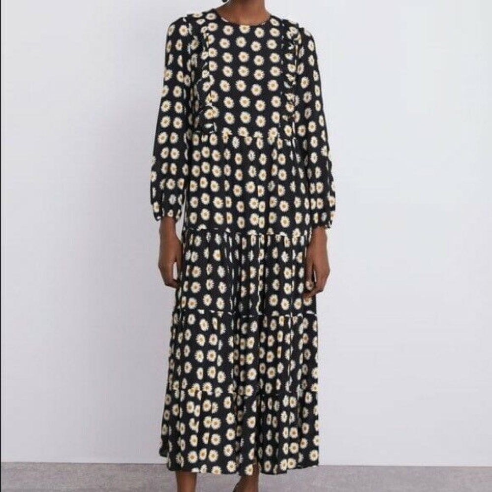 Zara Black Sunflower‎ Floral Print Ruffle Baby Doll Midi Dress XS Boho Retro